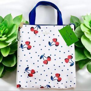 NWT Kate Spade White Blue Red Cherries Polka Dots Insulated Lunch Tote Hand Bag
